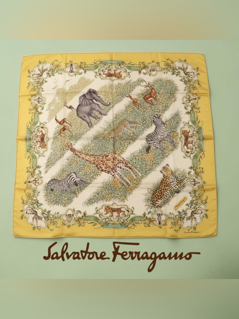 Vintage Salvatore Ferragamo 100% Silk Scarf - African Safari Wildlife Print 🦒